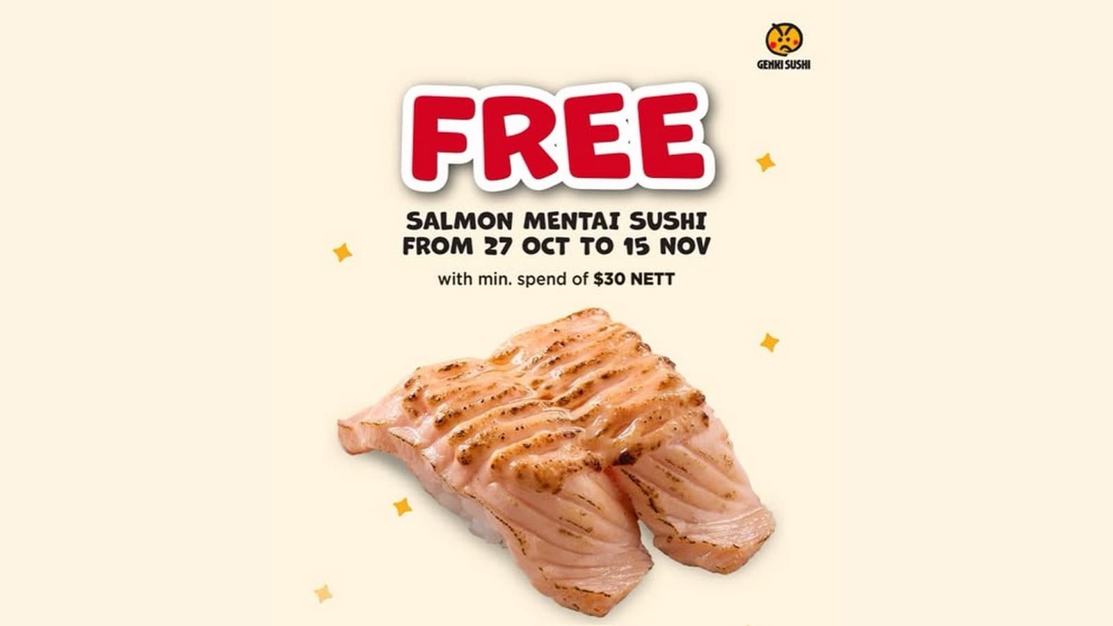 Genki Sushi Free Salmon Mentai Sushi with $30 Nett Spend, 27 Oct-15 Nov 2026 (4 Outlets Only)